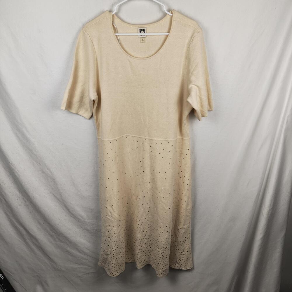 Anne Klein Sweater Dress Womens XL White Rhinestone Hem Midi Knit Half Sleeve